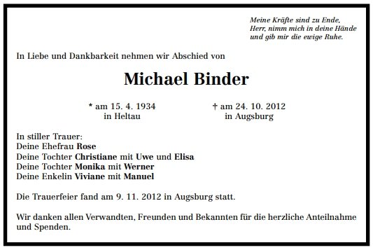 Binder Michael 1934-2012 Todesanzeige